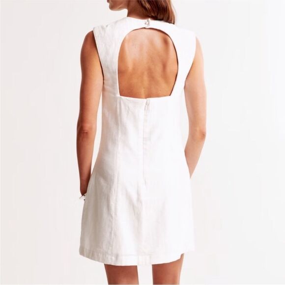 Abercrombie & Fitch A&F High Neck Linen Blend Cutout Back Mini Dress NWT Beige - Picture 2 of 14